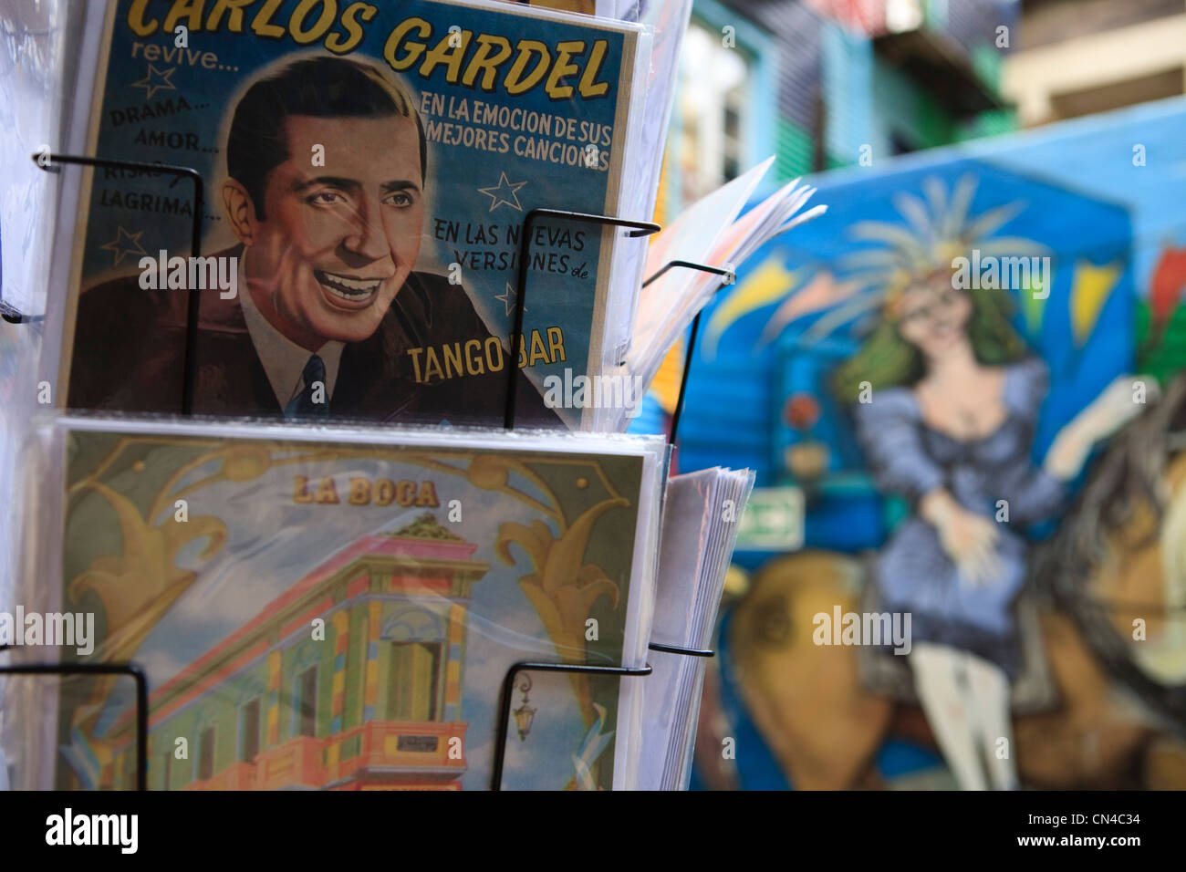 Argentina, Buenos Aires, La Boca district, postcards on the tango theme on Magallanes street near Caminito street Stock Photo