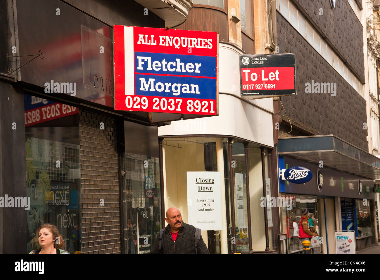 Empty retail premises, shops up for sale/rent in city center. Stock Photo