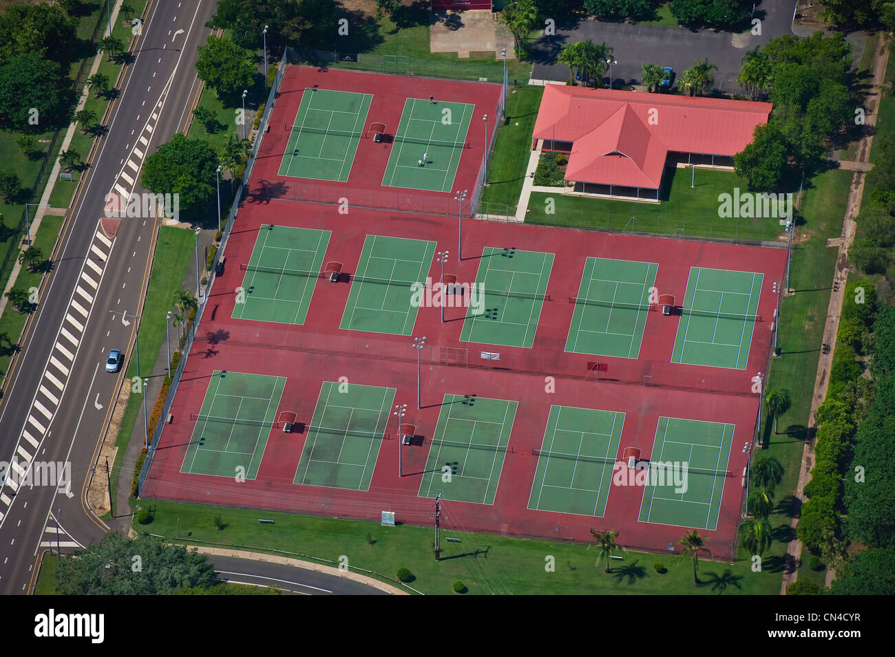 Australia, Northern Territory, Darwin, tennis court in the town center (aerial view) Stock Photo