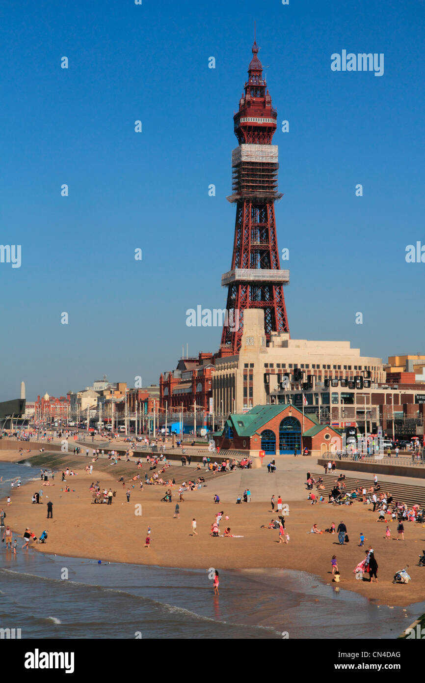 England Lancashire Blackpool tower & beach Stock Photo
