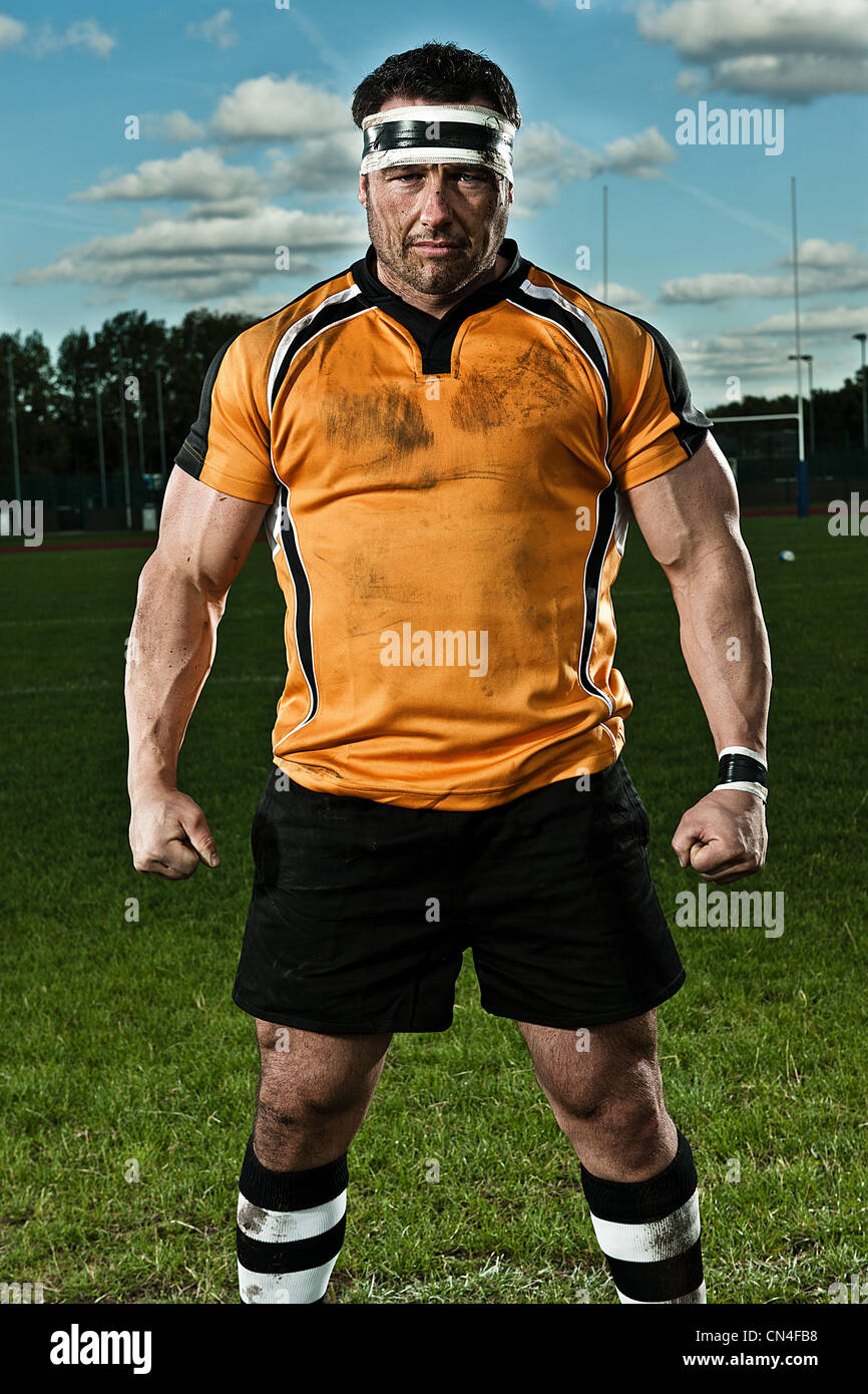 Rugby player on pitch, portrait Stock Photo