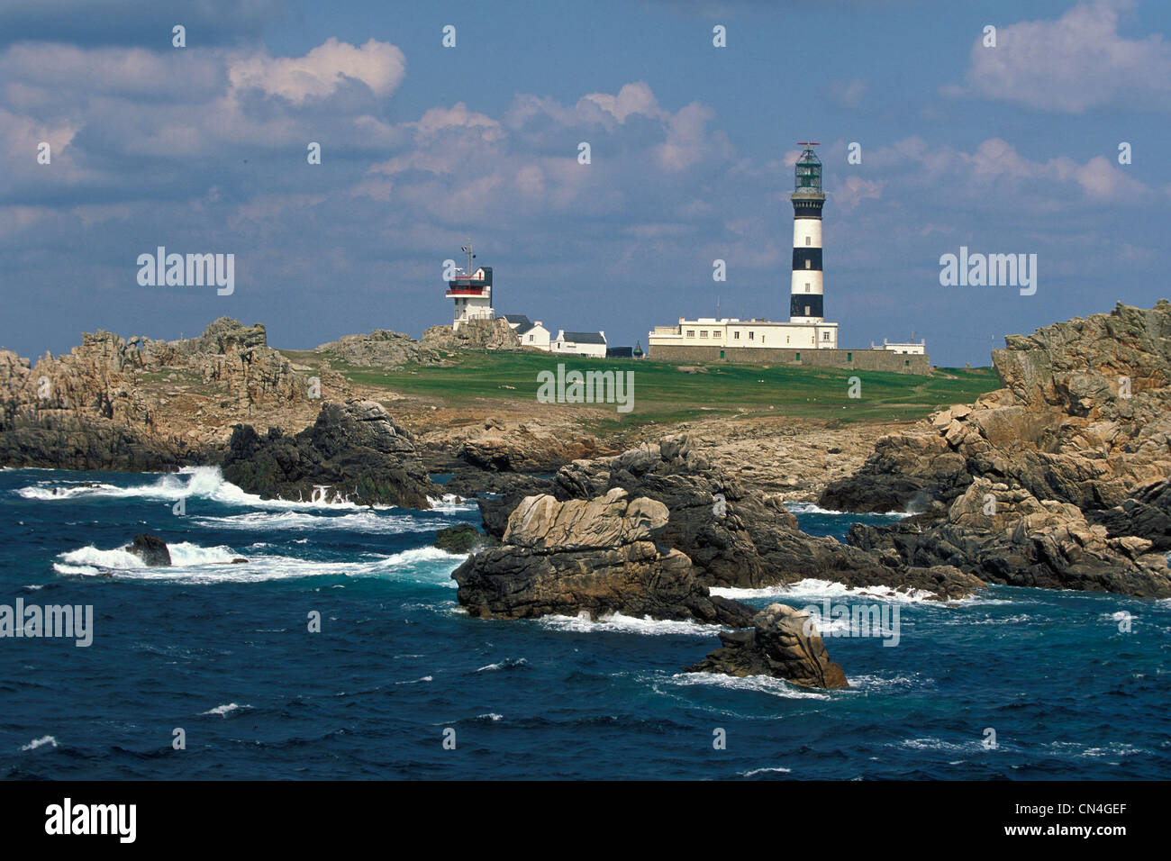 France, Finistere, Ile d'Ouessant, Creach lighthouse, the most powerful lighthouse in Europe, classified as historical Stock Photo