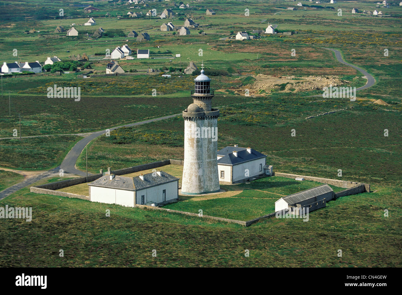 France, Finistere, Ile d'Ouessant, Stiff lighthouse (aerial view) Stock Photo