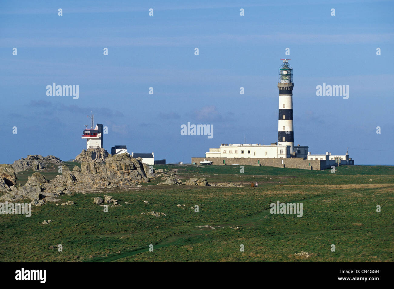 France, Finistere, Ile d'Ouessant, Creach lighthouse, the most powerful lighthouse in Europe, classified as historical monuments Stock Photo