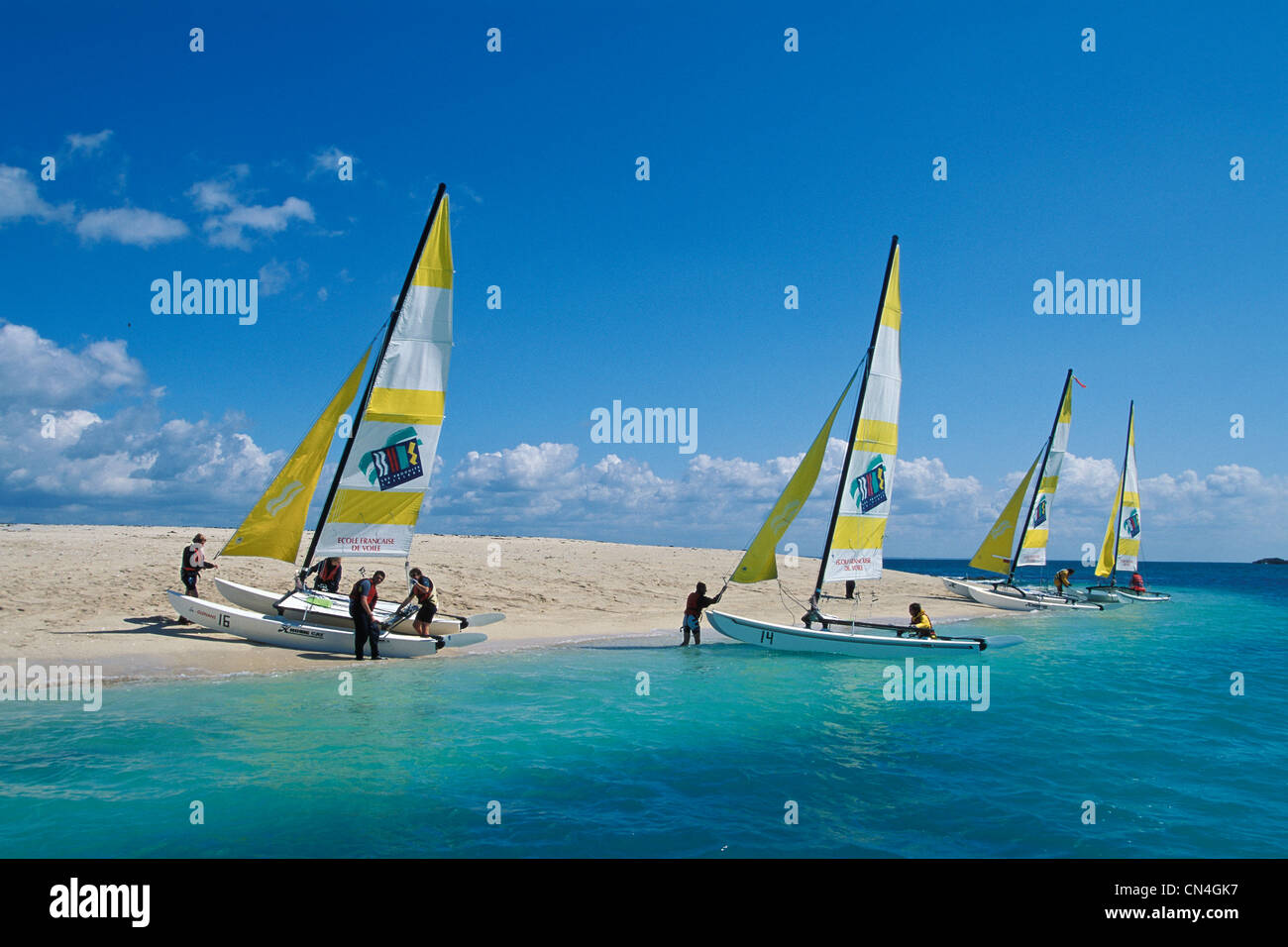 France, Finistere, La Foret Fouesnant, Archipel des Glenan (Glenan archipelago), catamaran sailing school on the island of Stock Photo