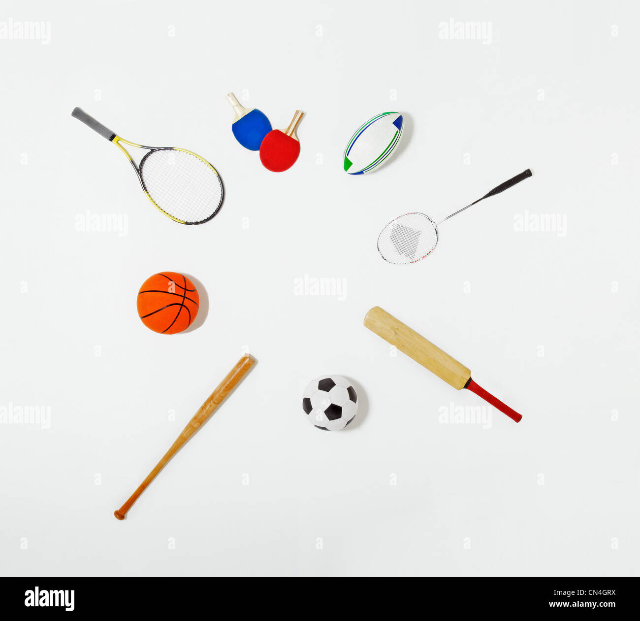 Sports equipment laid out in a circle Stock Photo