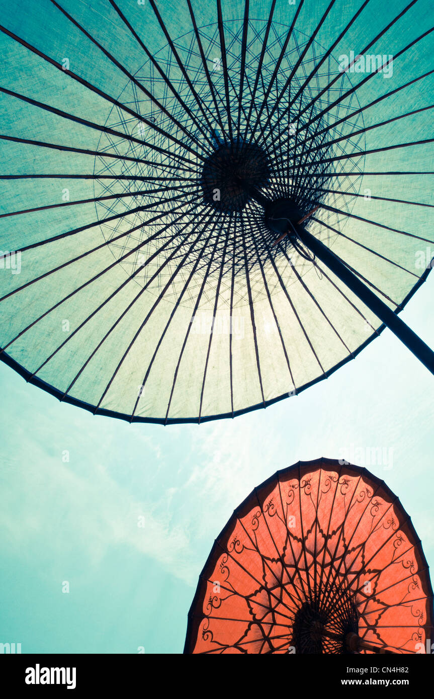 Looking up at the underside of traditional South East Asian paper parasols Stock Photo