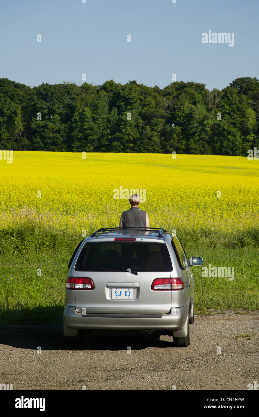 Woman standing through sunroof of car by a field Stock Photo