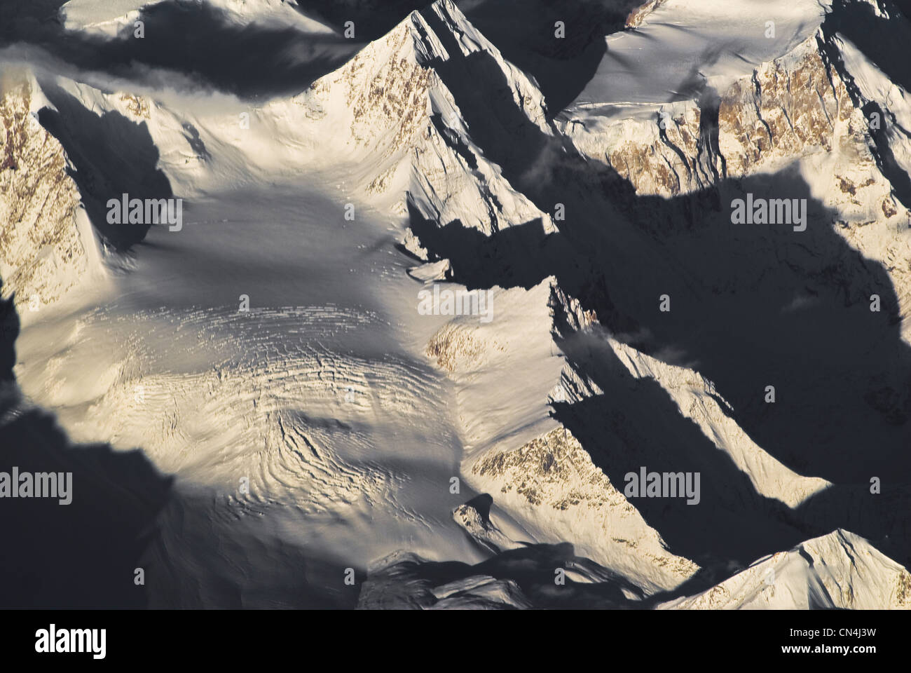 India, Jammu and Kashmir State, Ladakh Region, Himalayan foothills, view from plane before landing at Leh Airport (aerial view) Stock Photo