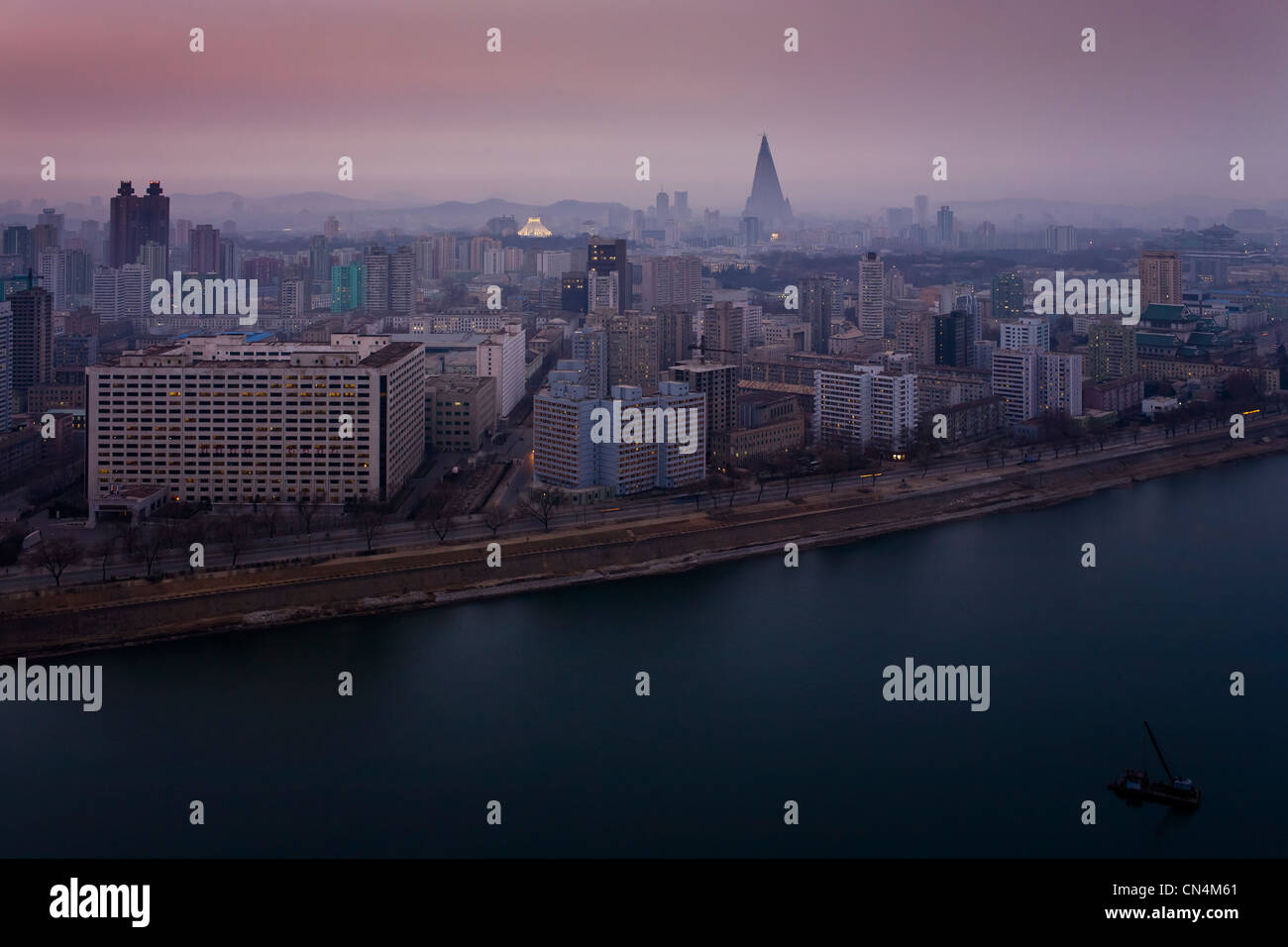 North Korea, Pyongyang, Yanggakdo International Hotel, elevated view on the city across the North Korea, Pyongyang, Yanggakdo International Hotel, elevated view on the city across the