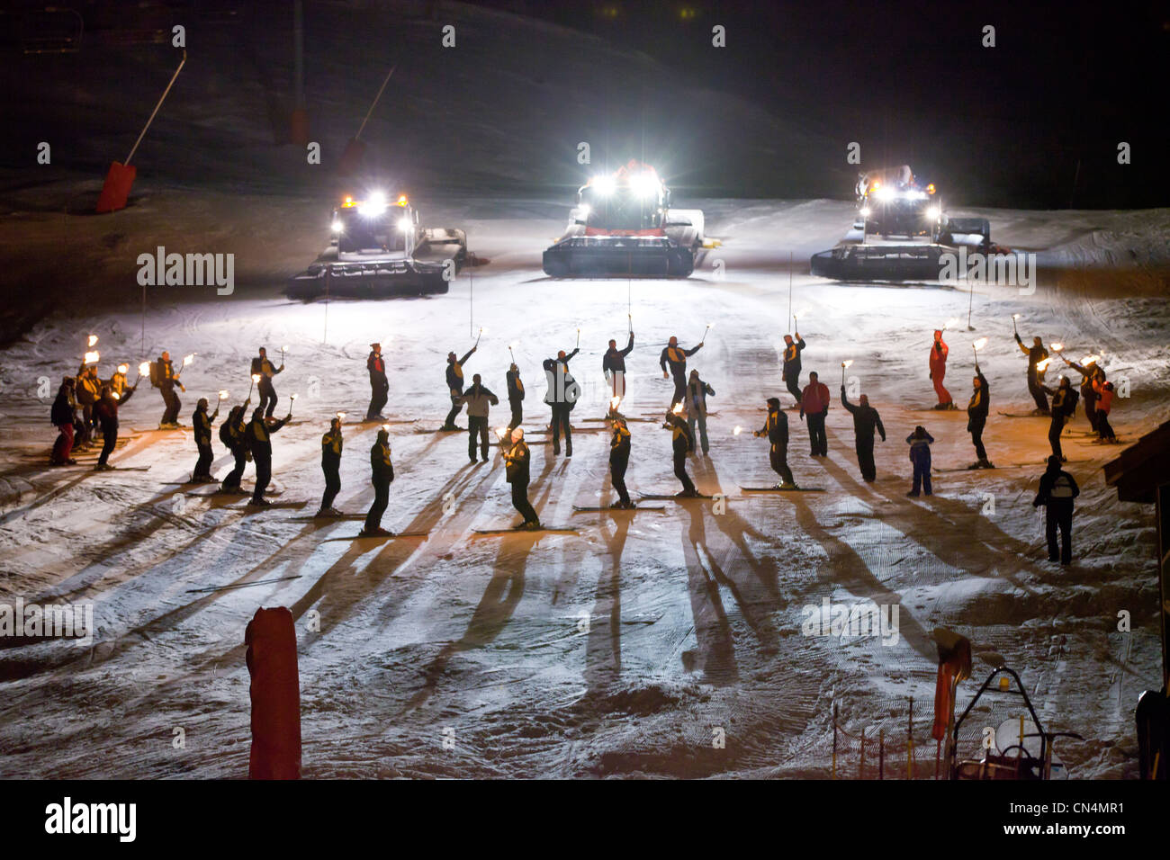 France, Savoie, Meribel, end of the torchlight descent since the summit of the cable railway of the Mont du Vallon 2952m, Stock Photo