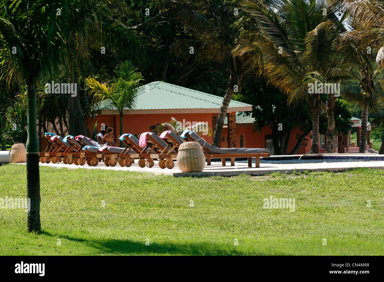 The swimming pool at an up-market resort on an island in Lake Victoria, Uganda Stock Photo