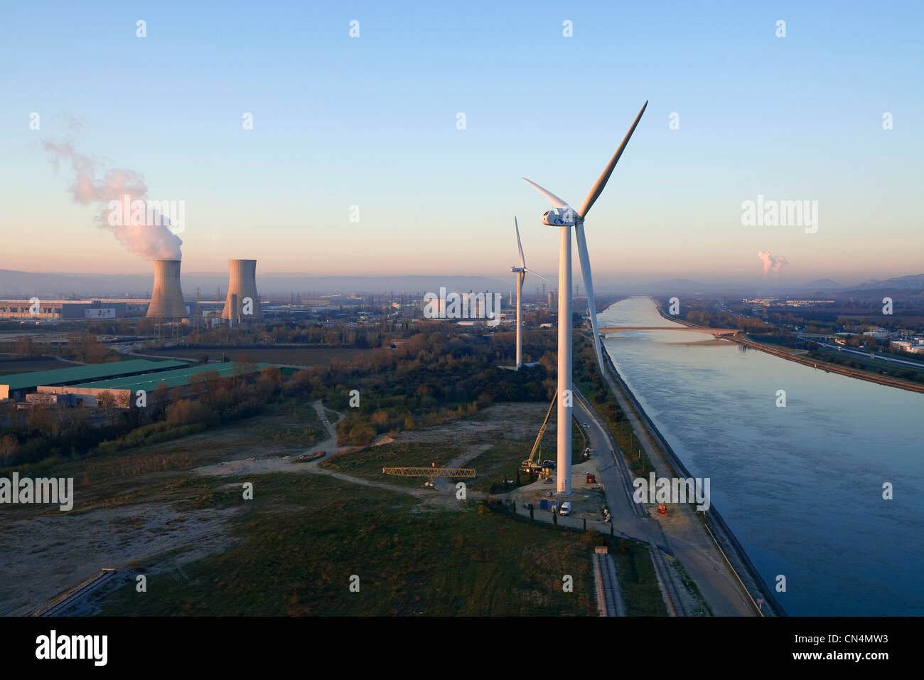 France, Vaucluse, Bollene wind turbine of CNR (National Company of Rhone) on Bollene industrial site, Tricastin industrial and Stock Photo