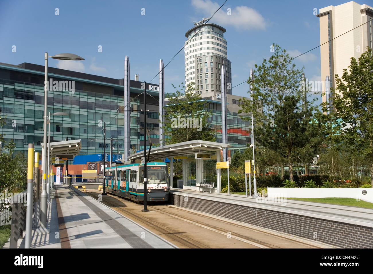 BBC TV centre in Salford and the Media Cirty Uk tram station Stock Photo