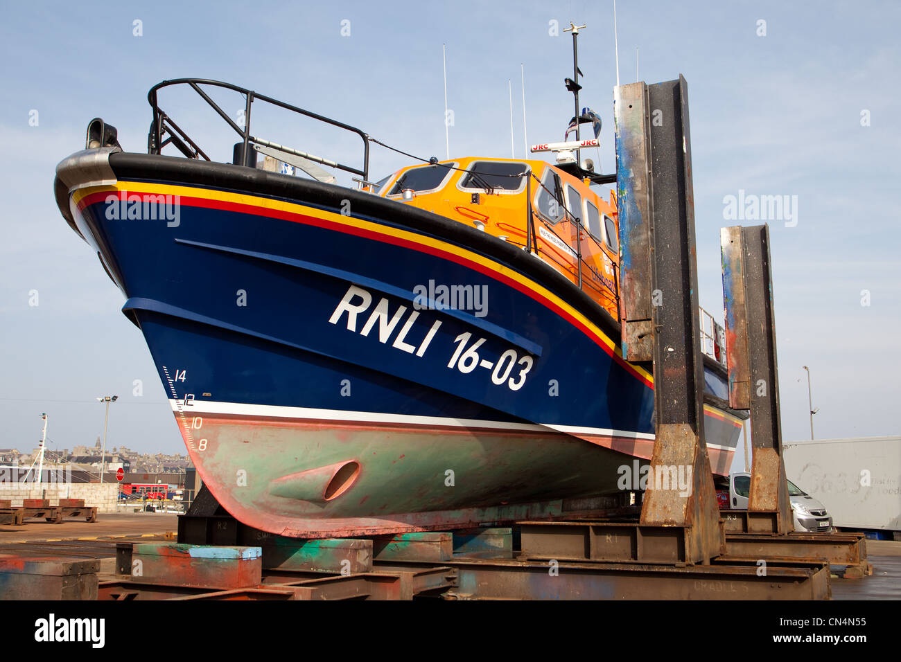 Peterhead Lifeboat up on ramps at Fraserburgh ship repair yards Stock Photo