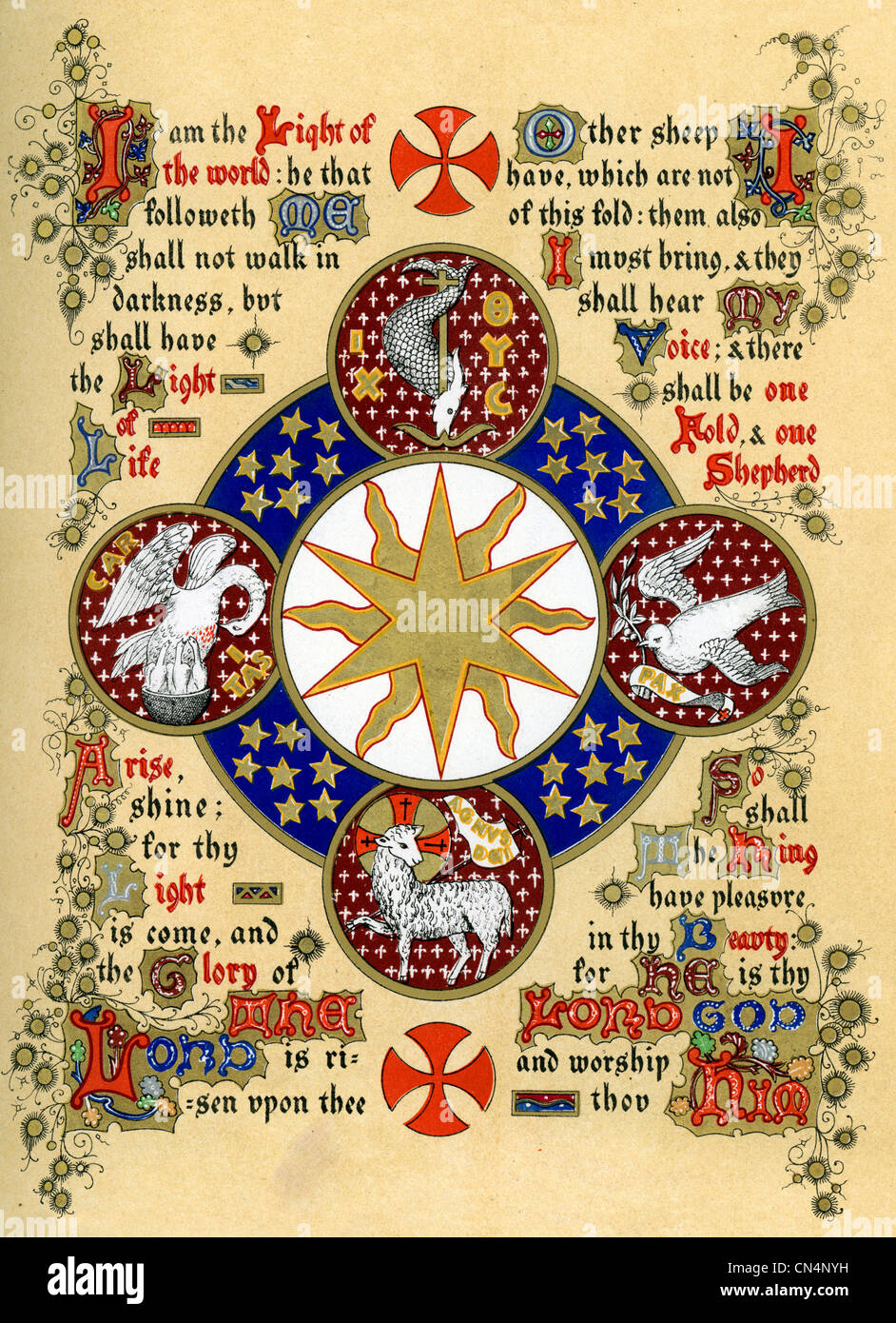Illuminated symbol depicting the festival of the Epiphany. The Star of Bethlehem taken from examples of medieval embroidery Stock Photo