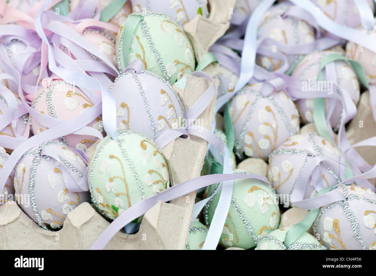 Hand-painted and hand decorated egg shells to celebrate Easter at the Old Vienna Easter Market at the Freyung, Vienna, Austria. Stock Photo
