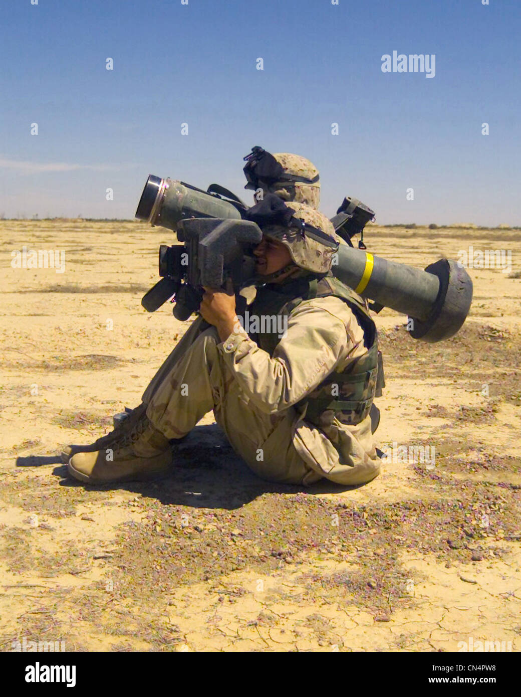 Two US Marine Corps (USMC) members with the 2nd Battalion, 6th Marines fire a Javelin anti-tank missile, at Blair airfield, Iraq, in support of Operation IRAQI FREEDOM. Stock Photo
