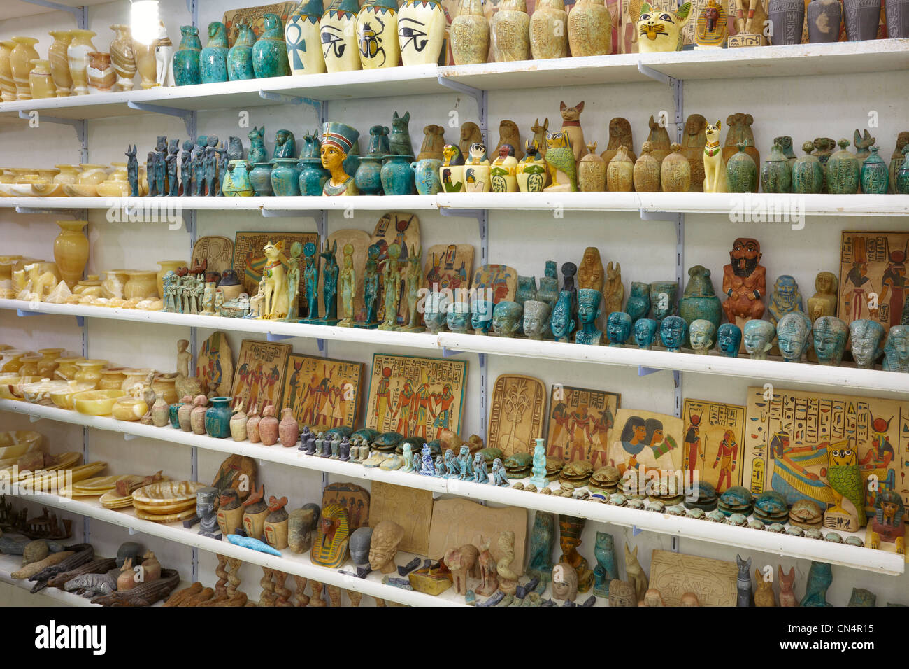 Egypt shop with alabaster and basaltic souvenirs, Aswan, Egypt Stock