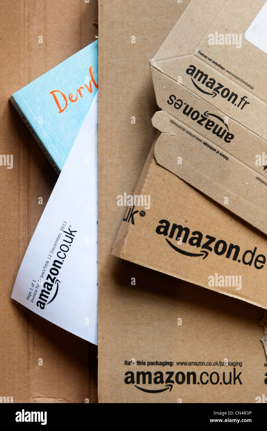 Amazon book packaging showing web site addresses from different countries. Stock Photo