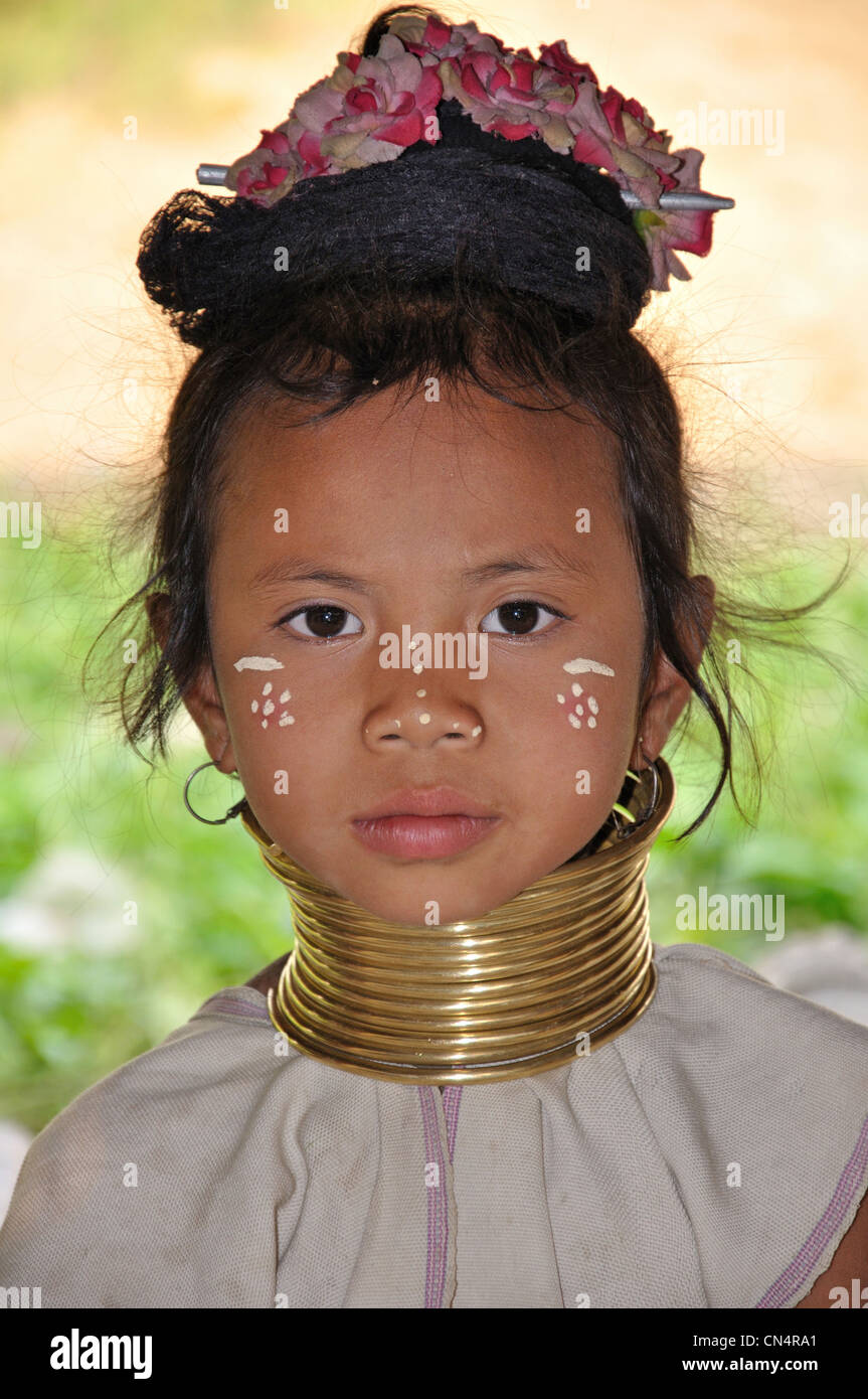 A young Kayan Lahwi girl at Karen Long Neck hill tribe village, Chiang Rai Province, Thailand Stock Photo