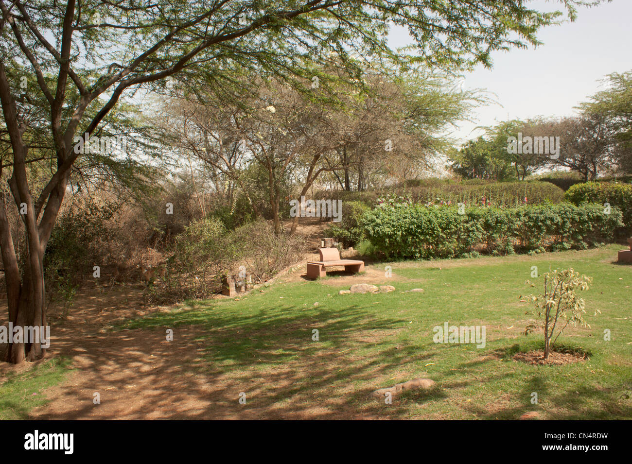 Inside the Garden of 5 senses, and a stone bench near the hedges at the back. Trees and greenery all around and with shadows Stock Photo