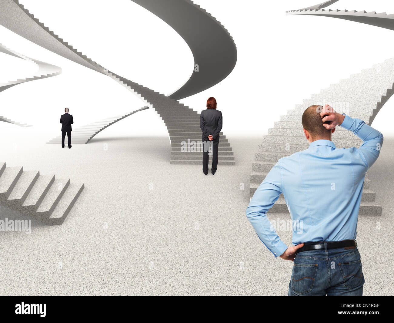 businesspeople and 3d stair abstract background Stock Photo - Alamy