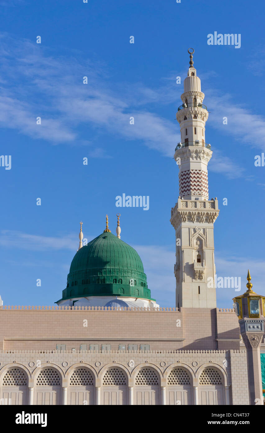 Nabawi Mosque minaret and dome in Medina, Saudi Arabia. The mosque is the second holiest mosque in Islam. Stock Photo