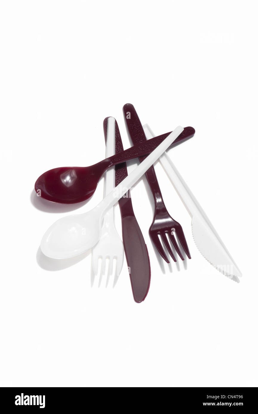 Plastic knives, forks and spoons Stock Photo Alamy