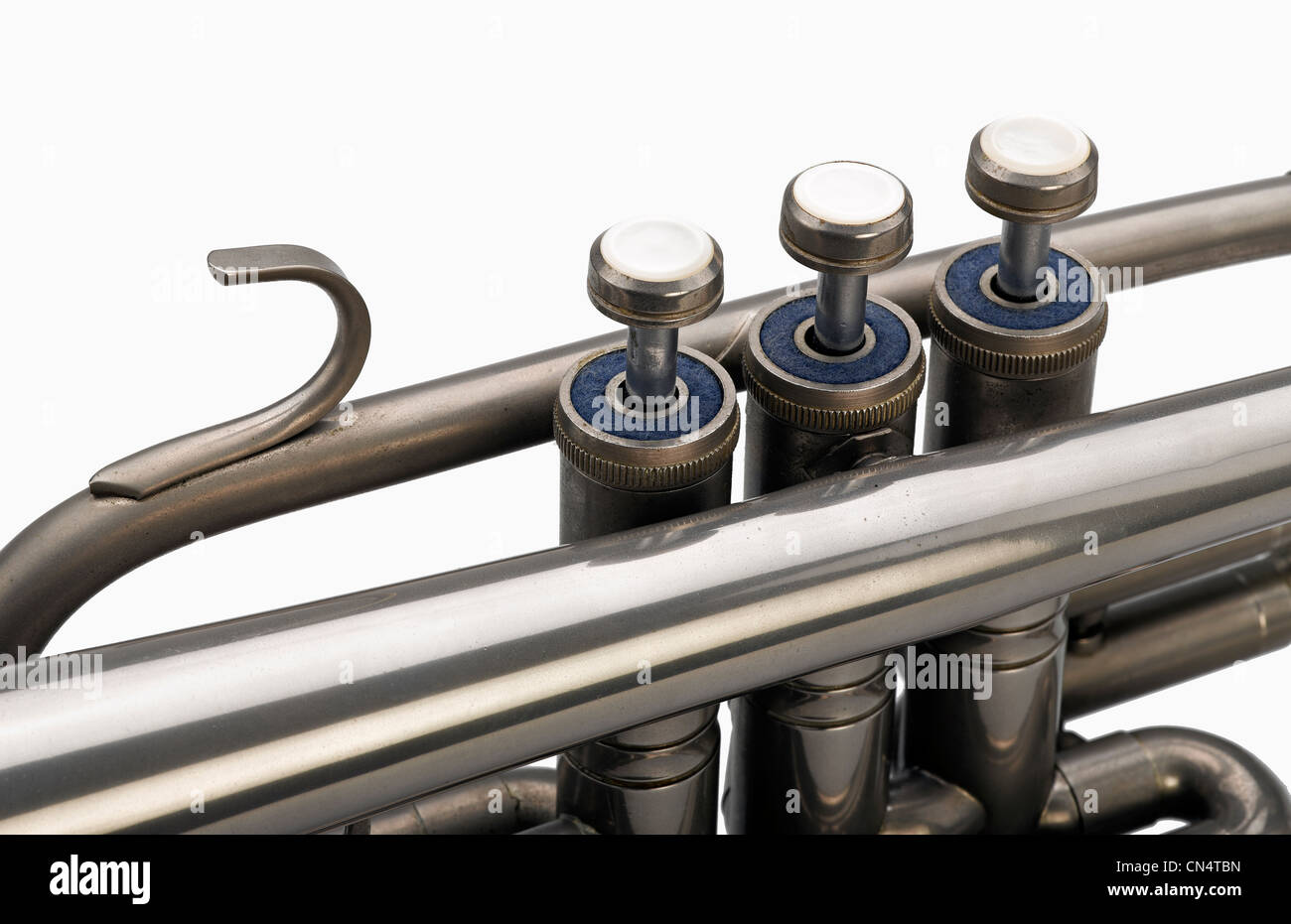 Old silver trumpet horn on a white background Stock Photo Alamy