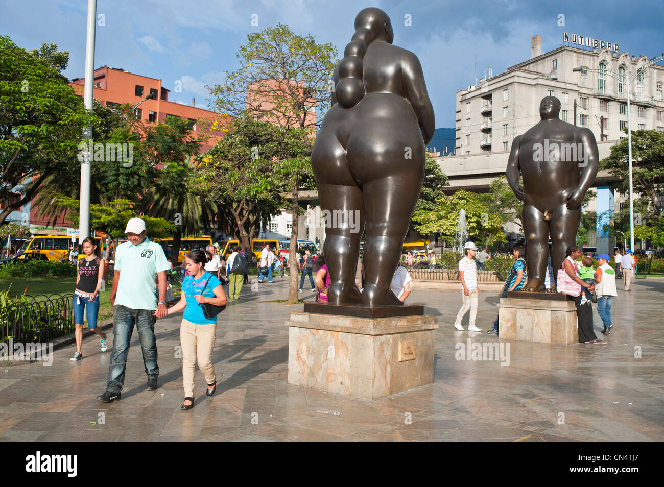 Colombia, Antioquia Department, Medellin, downtown, Villanueva District, Plaza Botero where stand 23 huge sculptures by Botero Stock Photo