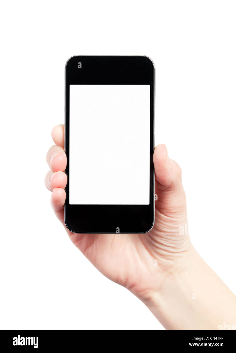 Hand holding mobile smart phone with blank screen. Isolated on white ...