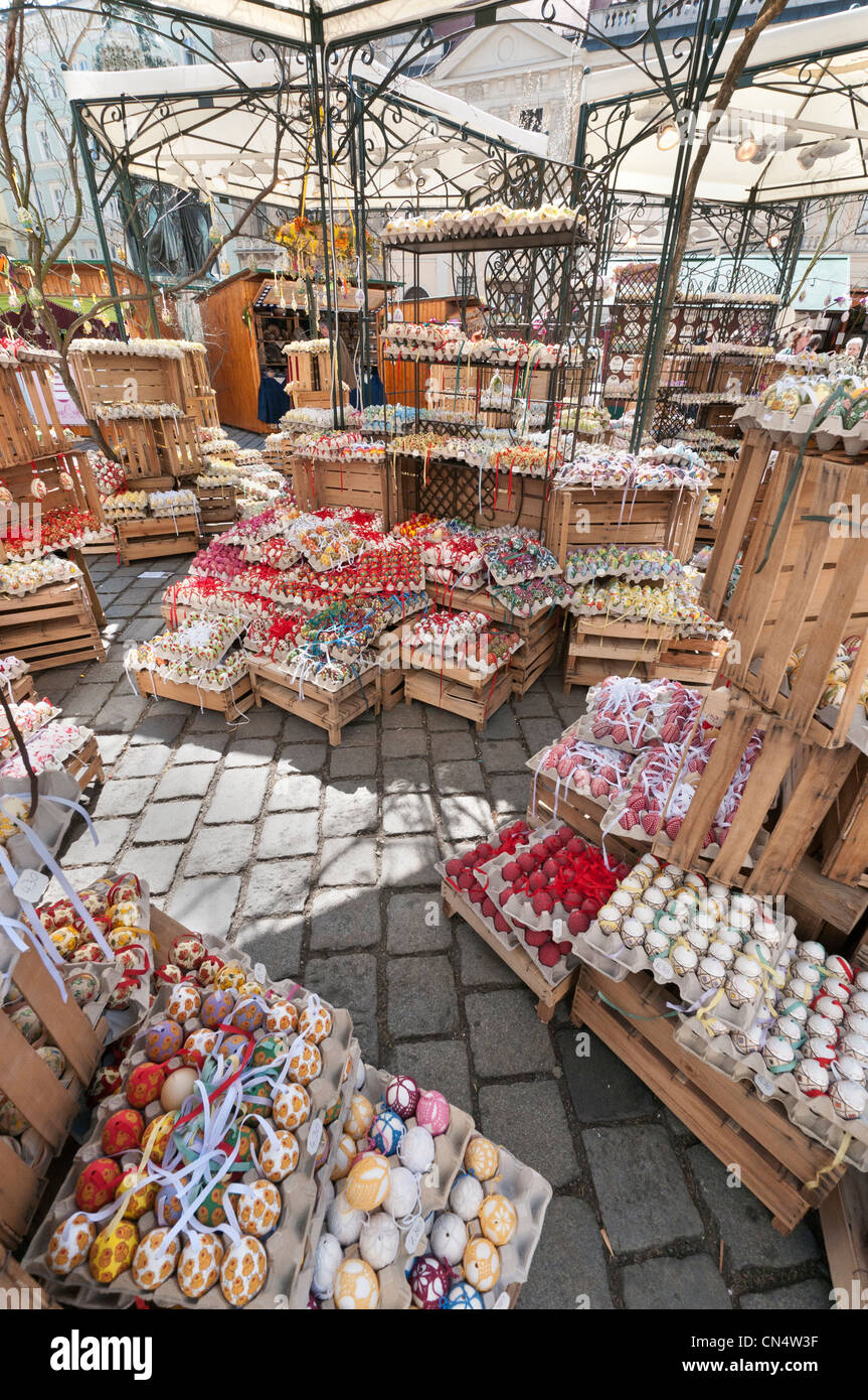 Trays of hand-painted and hand decorated egg shells to celebrate Easter at the Old Vienna Easter Market at the Freyung, Vienna. Stock Photo