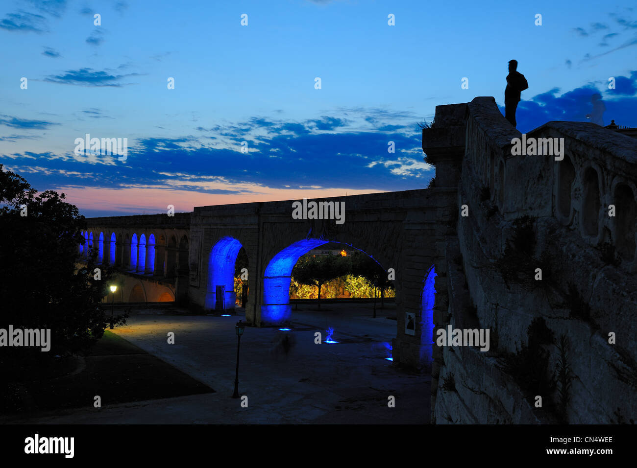 France, Herault, Montpellier, St Clement Aqueduct, lightinings of the artist Yann Kersale Stock Photo