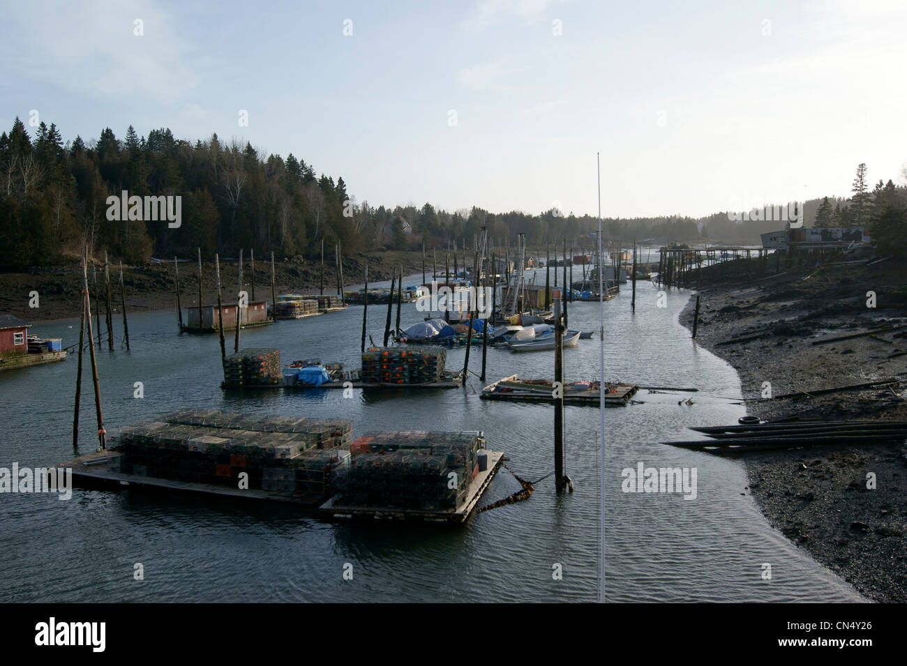 Fishing gear stored for winter in a sheltered inlet, Head Harbour, Campobello Island, New