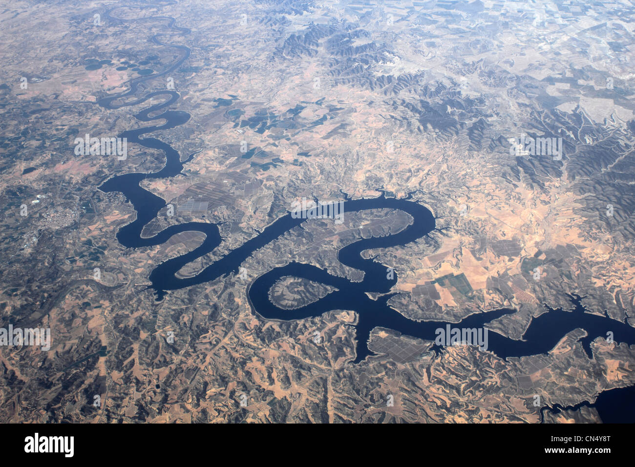 View from plane of The Mequinenza reservoir or sea of Aragon on the Ebro River northern Spain Europe. Stock Photo