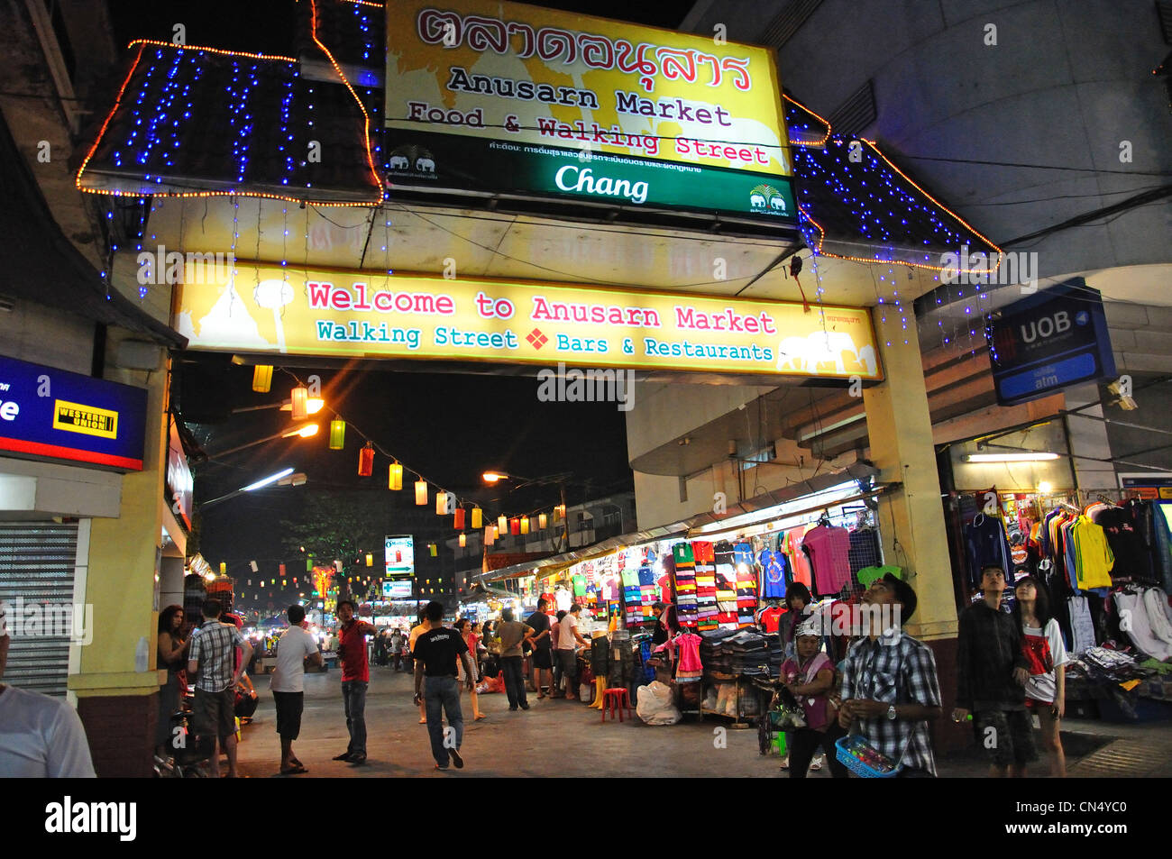 Anusarn Market food stalls in Chiang Mai Night Bazaar, Chan Klan Road, Chiang Mai, Chiang Mai Province, Thailand Stock Photo