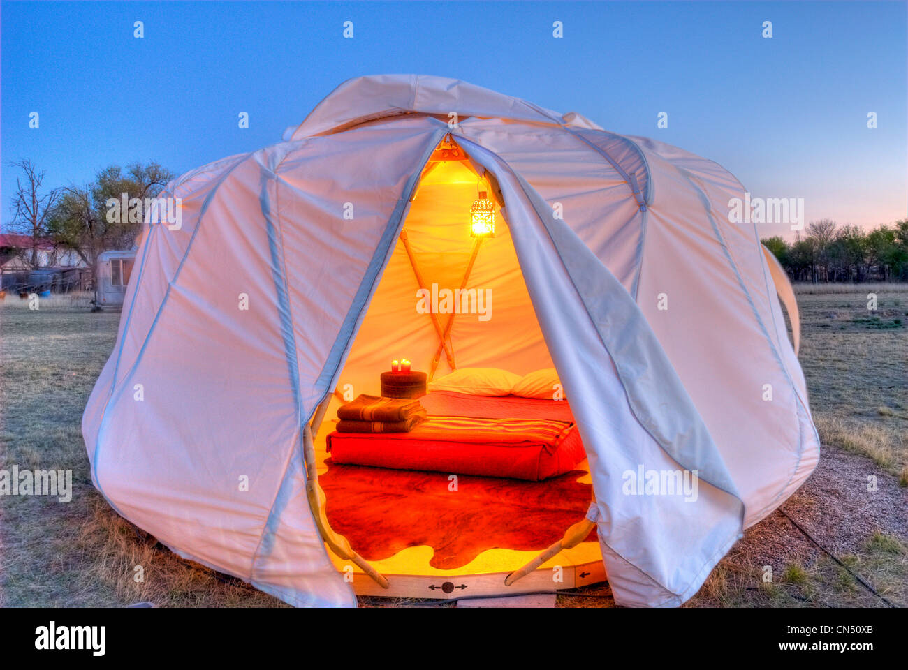 A yurt at El Cosmico, a lodge in Marfa, TX. Stock Photo