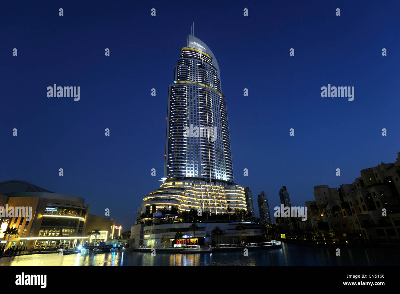 United Arab Emirates, Dubai, Burj Khalifa park lake, The Address and Palace hotels Stock Photo
