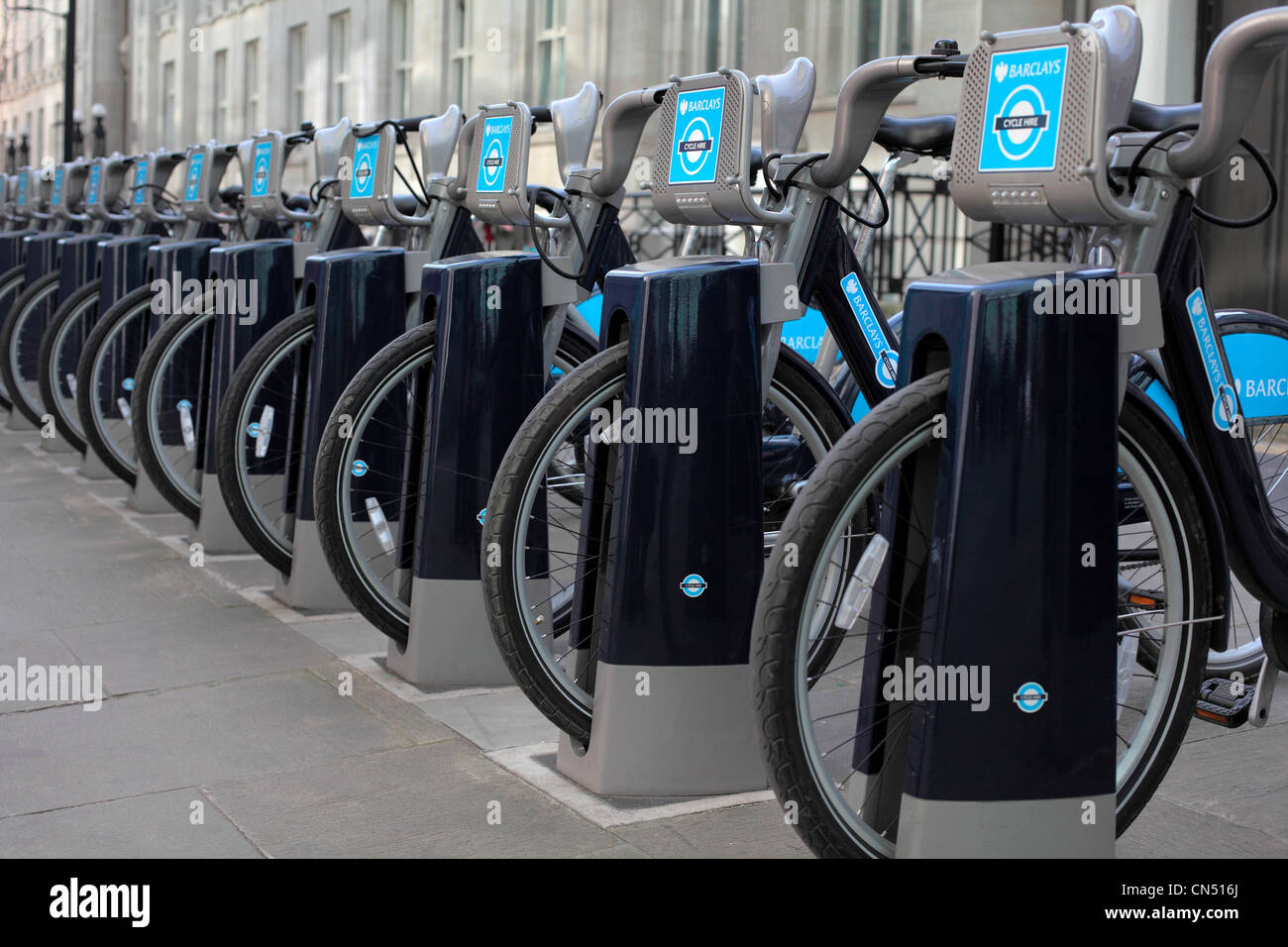 Blue bikes in central London sponsored by Barclays bank and introduced by Mayor Boris Johnson Stock Photo