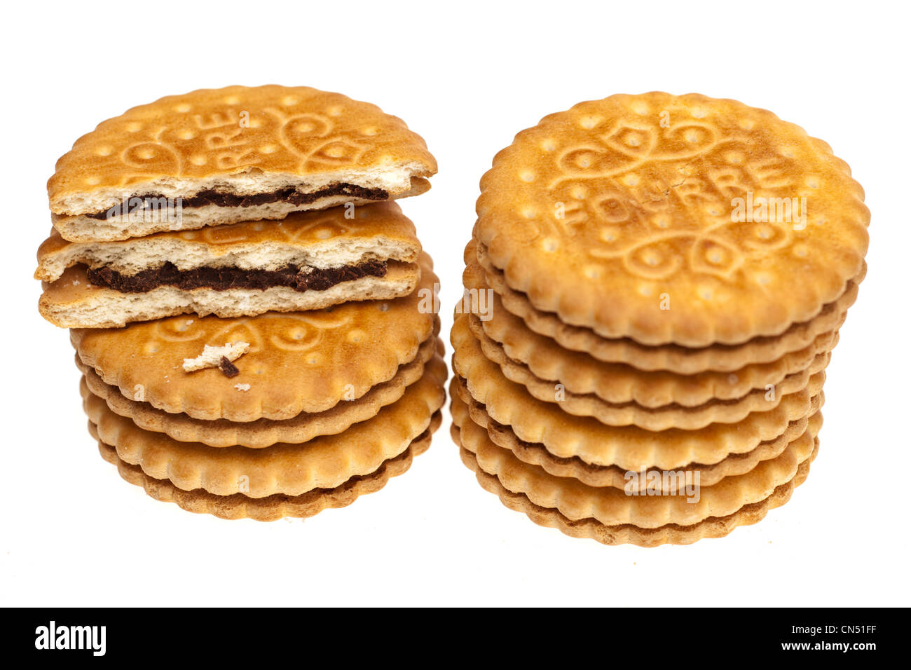 Pile of Oatland cocoa cream sandwich biscuits Stock Photo Alamy