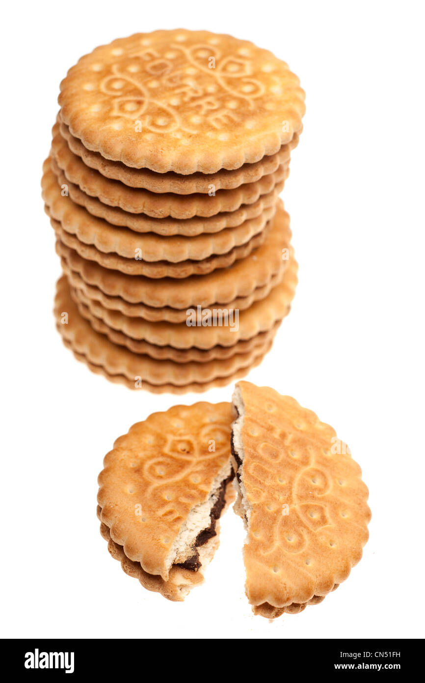 Pile of Oatland cocoa cream sandwich biscuits Stock Photo