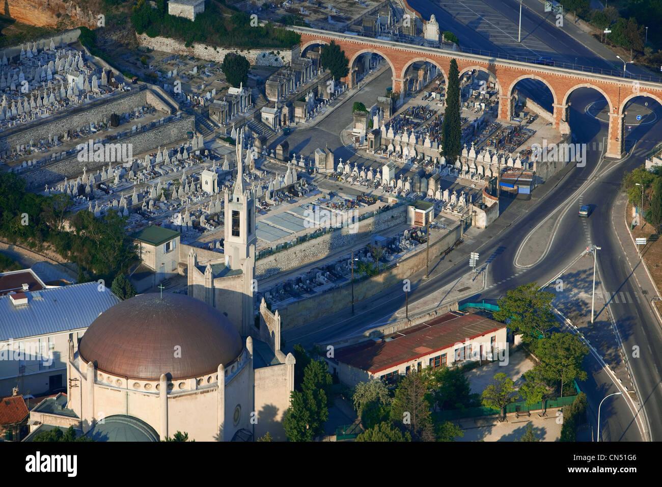 France, Bouches du Rhone, Marseille, St Louis district, St Louis church and cemetery (aerial view) Stock Photo