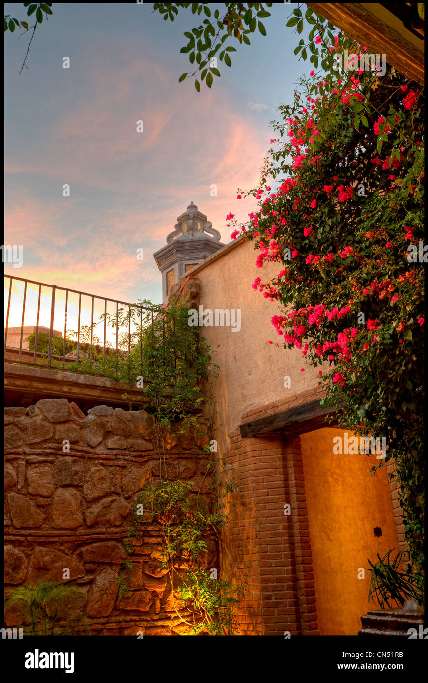 A garden courtyard at El Convento in Antigua Guatemala. Stock Photo