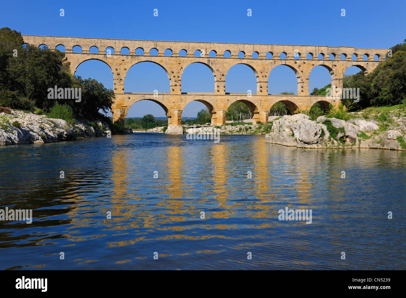 France, Gard, Pont du Gard listed as World Heritage by UNESCO, Roman aqueduct over Gardon River Stock Photo