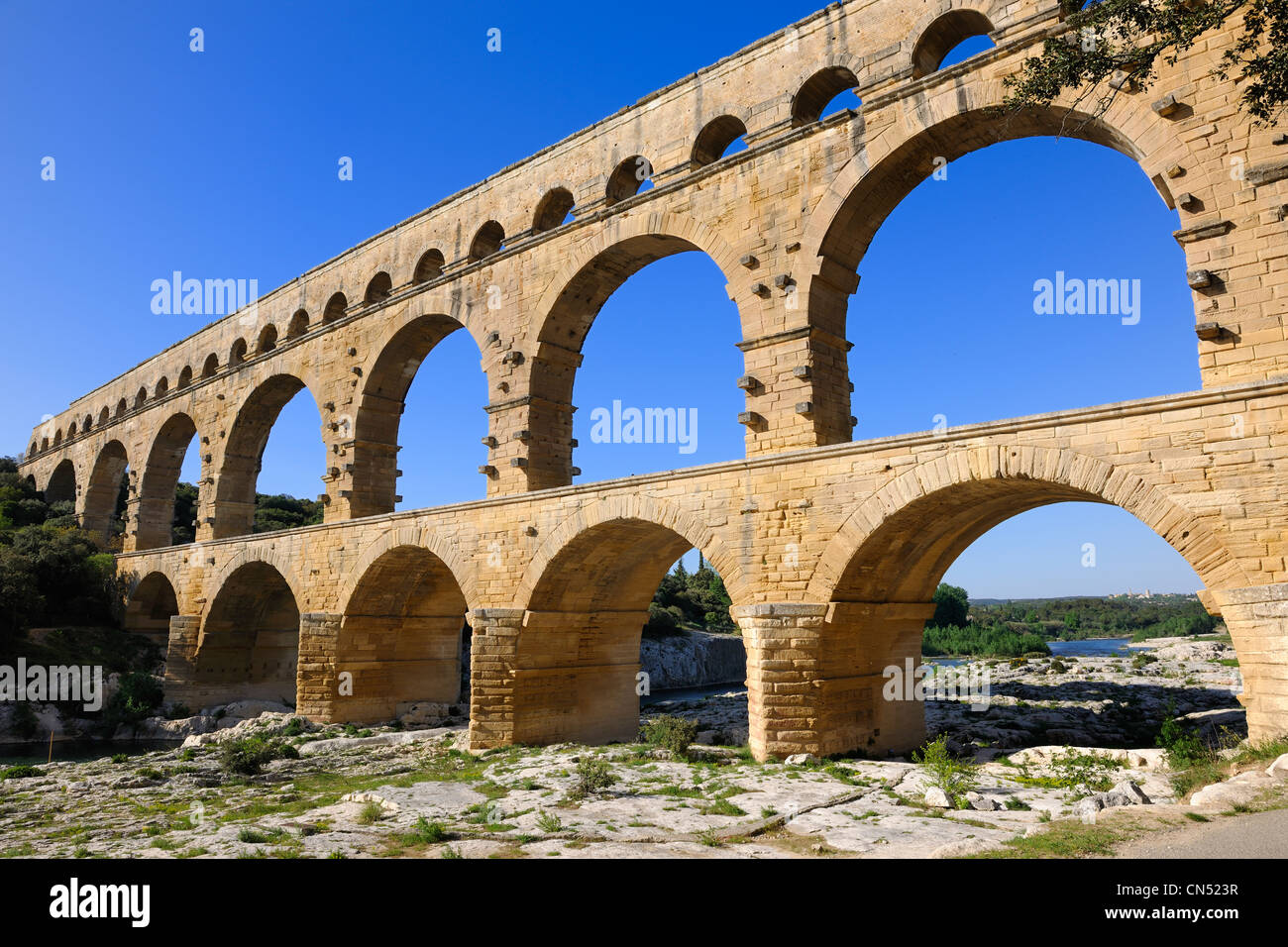 France, Gard, Pont du Gard listed as World Heritage by UNESCO, Roman aqueduct over Gardon River Stock Photo