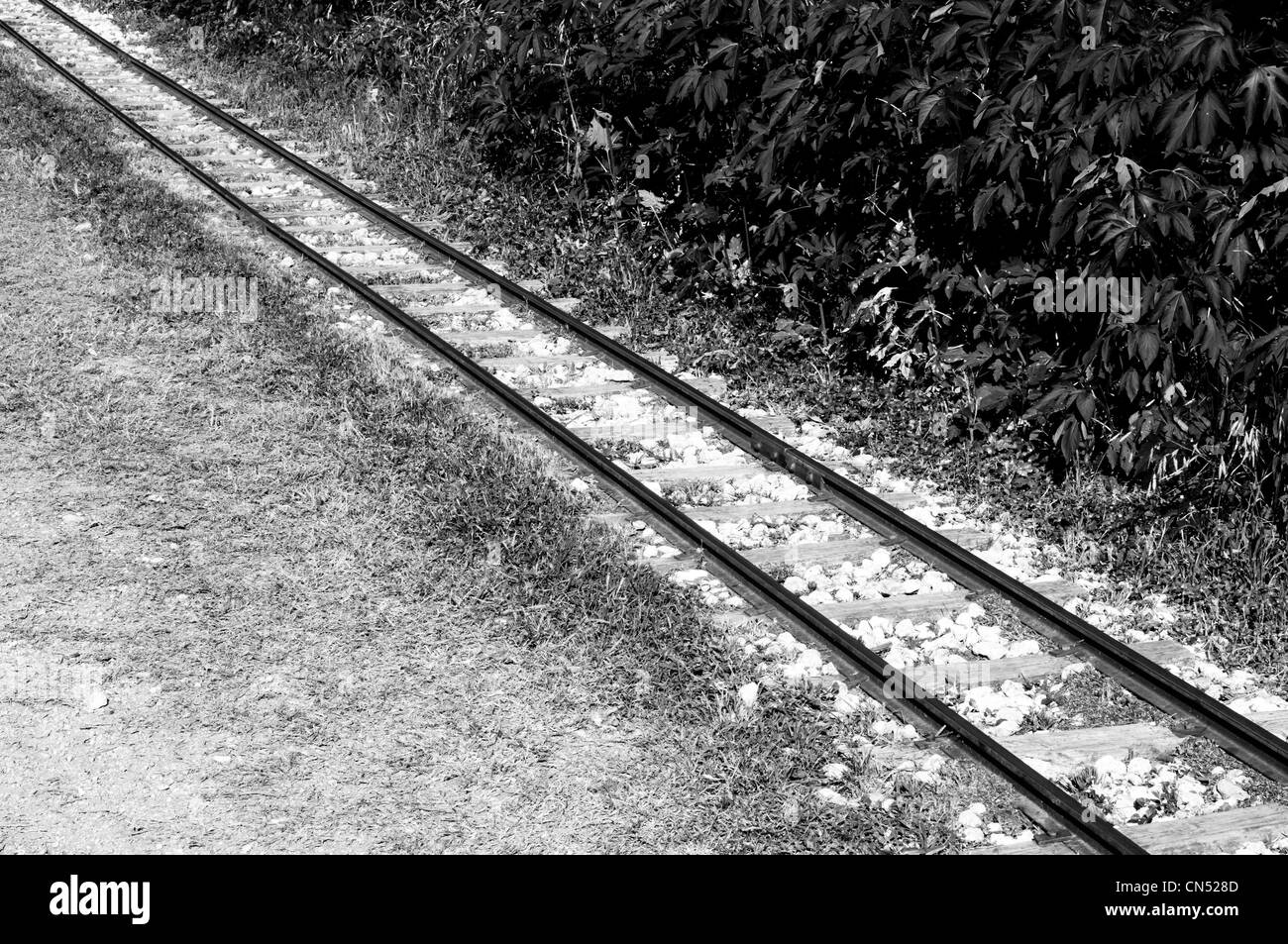 Narrow gauge train tracks for the Zilker Eagle (formerly the Zilker Zephyr), a kiddie train in Zilker Park, Austin, TX USA Stock Photo