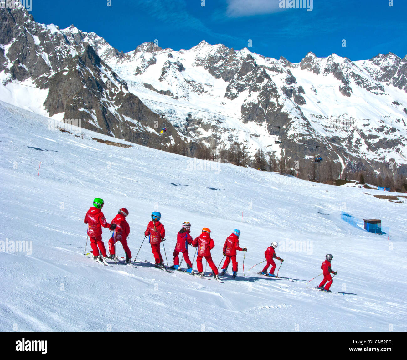 Kid's ski school in Courmayeur Italy Stock Photo