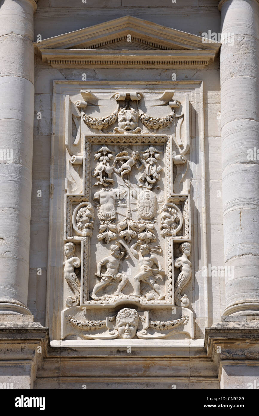 France, Gard, Pays d'Uzege, Uzes, Duke's castle called the Duche d'Uzes, detail of the facade Stock Photo