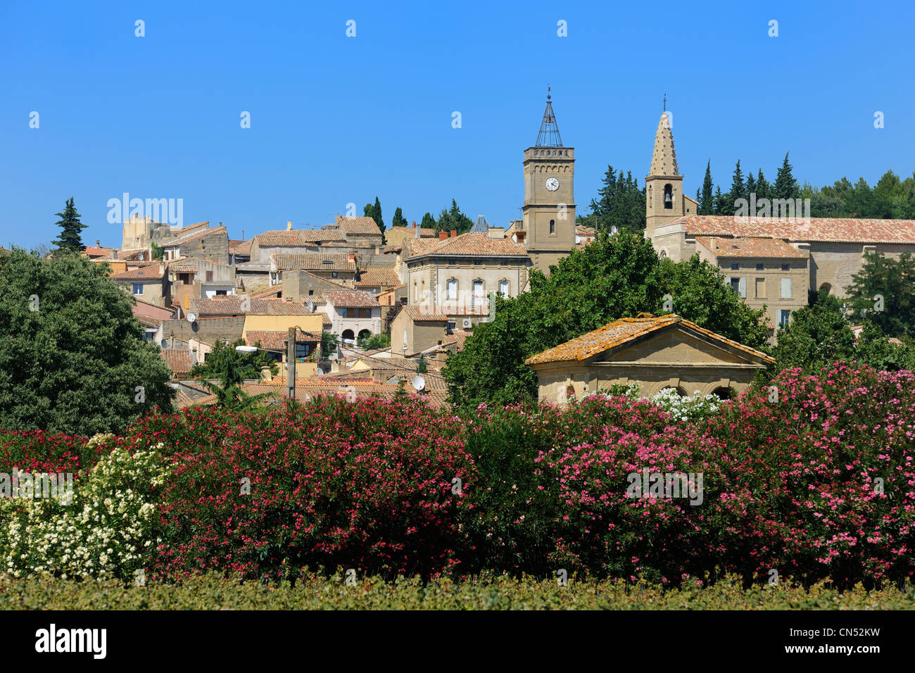 France, Gard, Pays d'Uzege, Saint Quentin la Poterie, the Grand' Rue (main street) Stock Photo